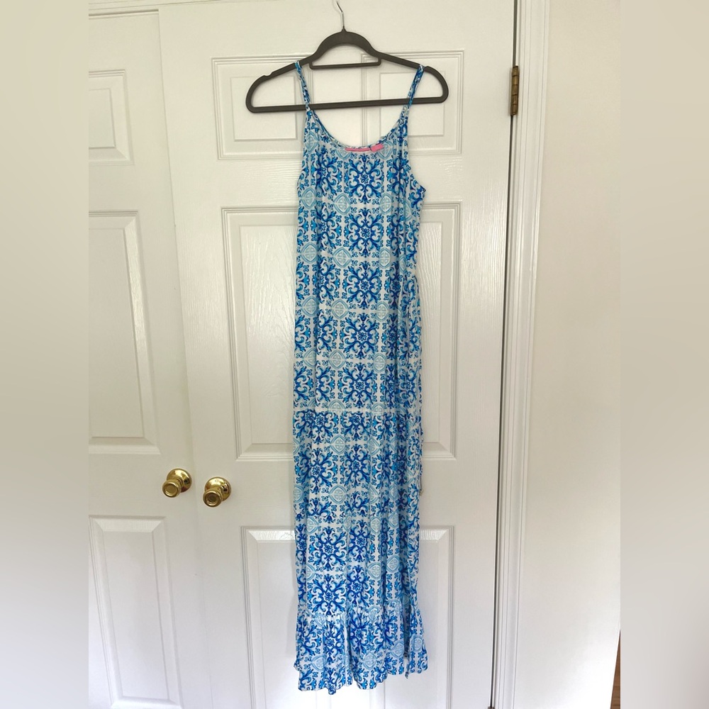 Isaac Mizrahi Linen Blend Pockets Italian Tiles Print Maxi Dress Blue, Small